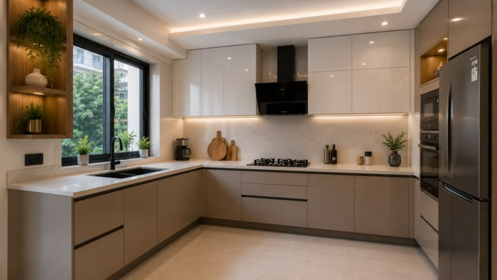 Cozinha planejada com bancada e armários sob medida